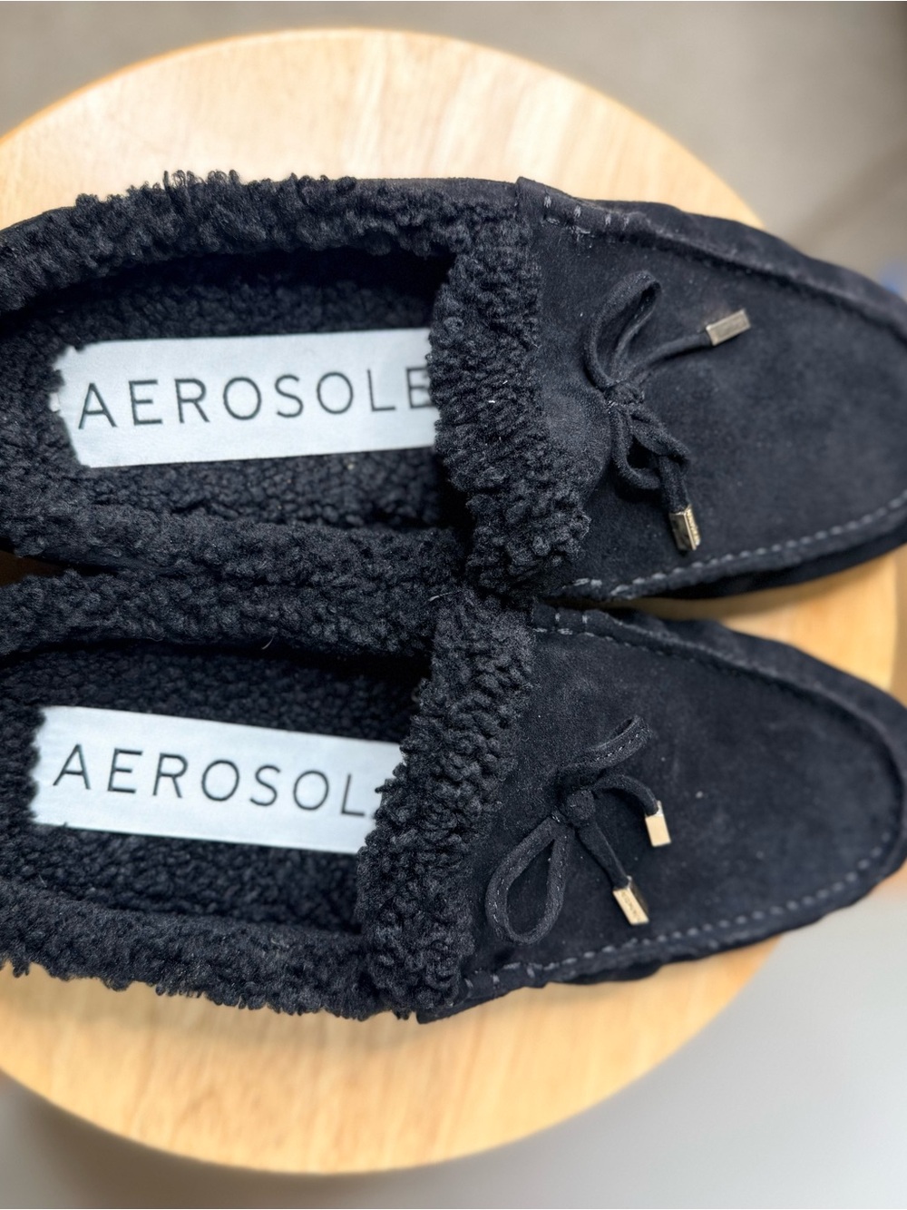 AEROSOLES Black Suede Faux-Shearling Moccasin Slip-Ons